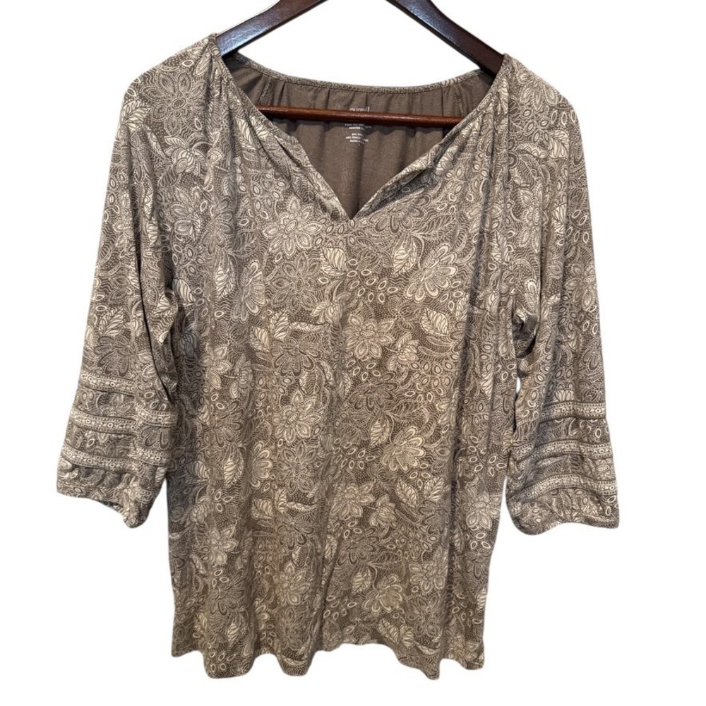 Pure Jill Soft Tunic Top Women Size S Gray White Floral 3/4‎ Sleeve Boho